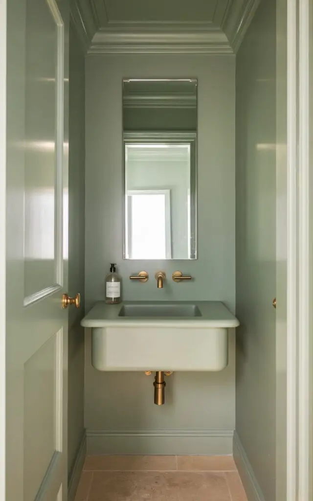 A photo of a small powder room with sage green walls and ceiling. The vanity is painted to match and features a simple integrated sink and a modern faucet in brushed gold. A clear, cylindrical soap bottle with a minimalist label is placed on one side of the vanity. The room has creamy stone flooring and subtle brass accents. A slim, rectangular mirror is placed above the sink, reflecting the room and enhancing the sense of openness and airiness. The room is illuminated by natural light, which gives the sage green hue a tranquil glow.