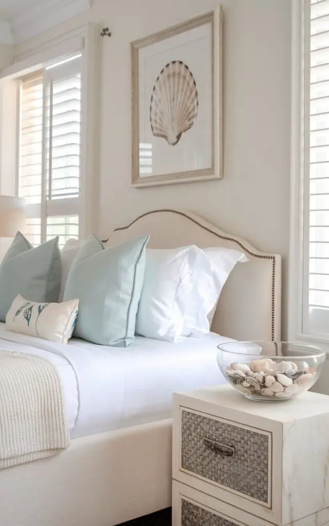 A photo of a charming coastal-themed summer bedroom. The room has a five-star upholstered bed with crisp white linens and pale blue pillows, topped with a light knit throw. There's a clear glass bowl of handpicked seashells on the nightstand beside a tiny driftwood sculpture. A subtle shell-print framed artwork hangs above the bed. The room has a soft ocean breeze filtering in through open windows, carrying the scent of salt and sun, making the entire room feel like a seaside escape.