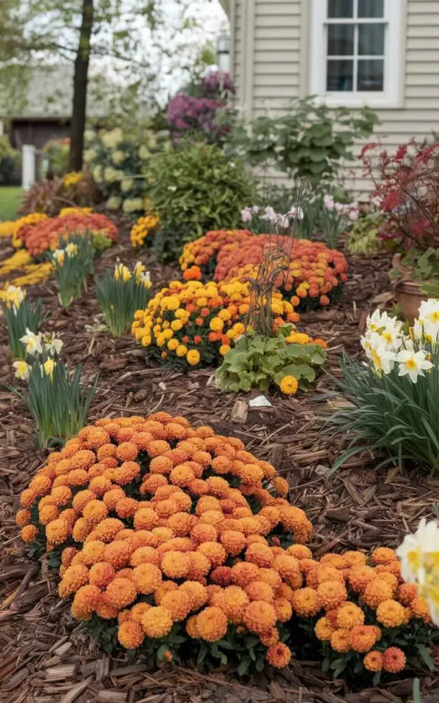 A photo of a flower bed in front of a house. It is richly detailed and neatly decorated, showcasing a thoughtfully layered seasonal planting. Early-blooming fall chrysanthemums peek through the undergrowth. Each season is represented, from daffodil bulbs just breaking soil to vibrant marigolds holding strong. The mulch is fresh and the layout is tiered to accommodate changing heights over time. The result is a dynamic flower bed that evolves with the calendar, always offering something new to admire.