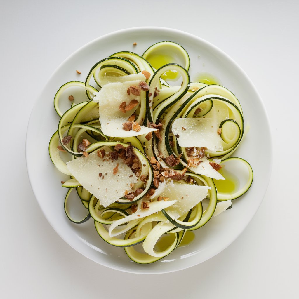 A top view of a very thin long, cooked delicate zucchini ribbons curl around each other in this elegant summer salad. The salad is dressed lightly with lemon juice and olive oil, and topped with shaved Parmesan and crushed almonds. The pale green hues contrast beautifully against the crisp white serving plate. The dish is placed on a bright plain white kitchen countertop, and the soft natural light emphasizes the glossy sheen of olive oil and the fine textures of the zucchini slices.