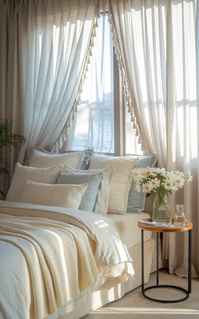 A photo of a dreamy summer bedroom softly lit by sunlight streaming through floor-length sheer window curtains. The cozy 5-star bed is topped with soft white bedding, lightweight throws, and layers of plush pillows in cream and pale blue. The curtains gently move with the breeze from a nearby open window, casting delicate shadows across the room. A small wood-and-glass nightstand holds a fresh bouquet of white daisies and a carafe of lemon water. The ambiance is serene, light-filled, and ideal for a slow summer morning.