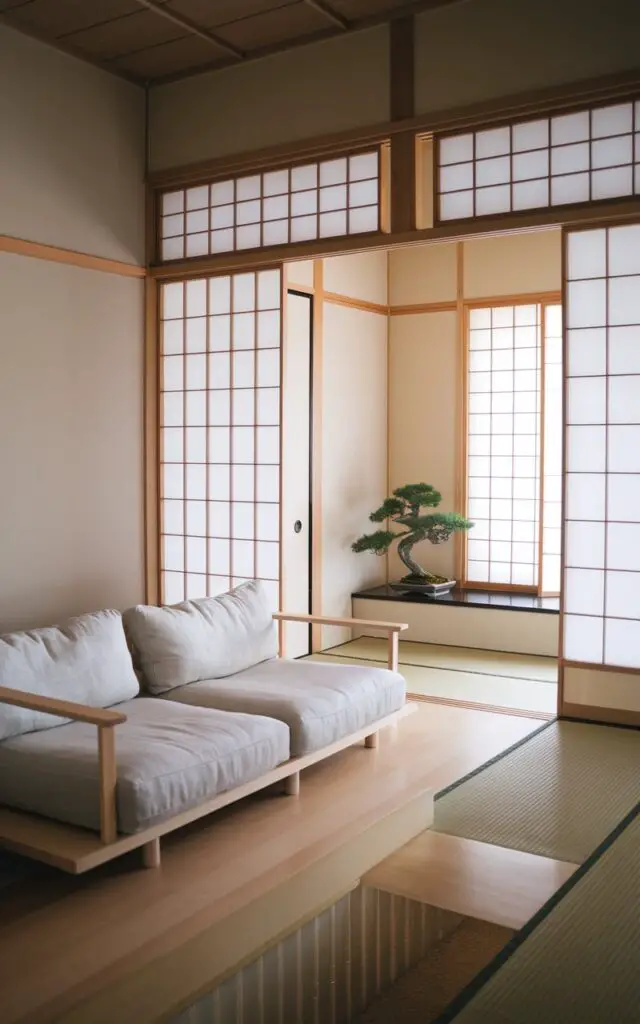 A photo of a Japanese-style living room. A low platform sofa in pale gray linen is placed near the wall, with light wood armrests and legs. The room has smooth wooden floors and a muted color scheme of ivory and natural wood. A bonsai tree sits on a low shelf near the window. The room is softly divided by elegant shoji screens with translucent washi paper panels, which delicately filter daylight. The screens create gentle transitions without closing off the space, making the room feel both open and private.