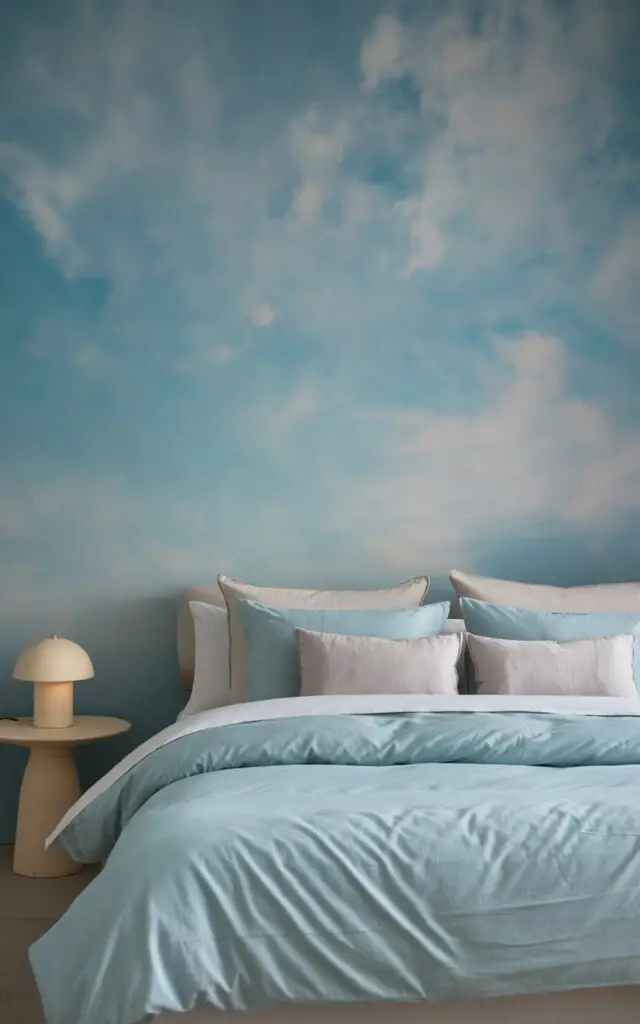 A photo of a tranquil sky-blue bedroom with a cozy 5-star bed. The bed has white sheets, a soft blue duvet, and light gray pillows. The wall behind the bed is a dreamy sky-inspired blue, enhancing the feeling of airiness. A side table with a pale ceramic lamp is placed near the bed. The room has a serene atmosphere.