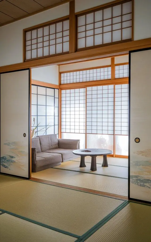 A photo of a Japanese living room with fusuma sliding doors. The doors have subtle watercolor designs and slide smoothly between rooms. The doors create flexible space without losing the room's openness. A Japanese low platform sofa faces a handcrafted chabudai table. Natural light filters through shoji screens in the background. The floor is covered in light tatami, and the room is intentionally spare—no clutter, no distractions. These sliding doors feel like moving art, complementing the minimalist aesthetic while adding both utility and tradition to the space.