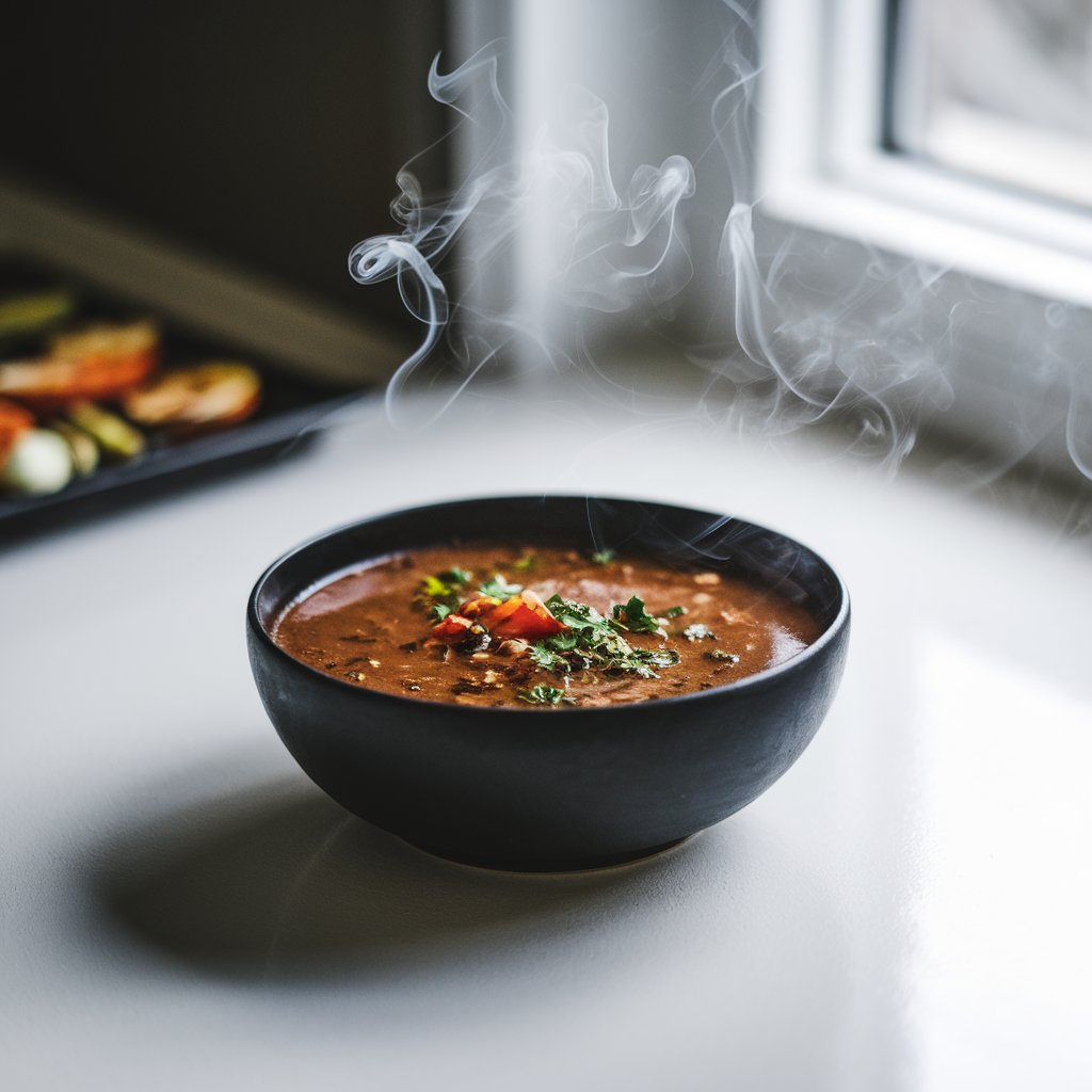 A high-contrast photo of a rustic, fire-kissed summer soup in a matte black bowl on a bright plain white kitchen countertop. The soup has a deep golden-brown broth with visible tiny bits of grilled vegetables and flecks of parsley. Smoke wisps seem almost imagined in the soft natural light streaming in from the side window. The background is blurry and contains a tray with grilled veggies.