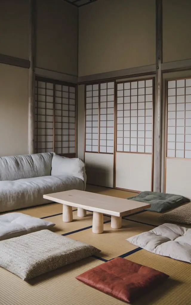 A photo of a Japanese living room with a minimalist design. A gray linen sofa is placed near the wall, with a wool rug underneath it. A chabudai table made of pale wood is located in the center of the room. Floor cushions with different textures surround the table. The walls are made of smooth plaster, and shoji screens are placed on the wall. The room has a subdued color palette, with each textile and surface adding warmth without disrupting the restrained tones. The layering is subtle but intentional, creating a calming and tactile space that embodies the minimalist philosophy and refined craftsmanship.