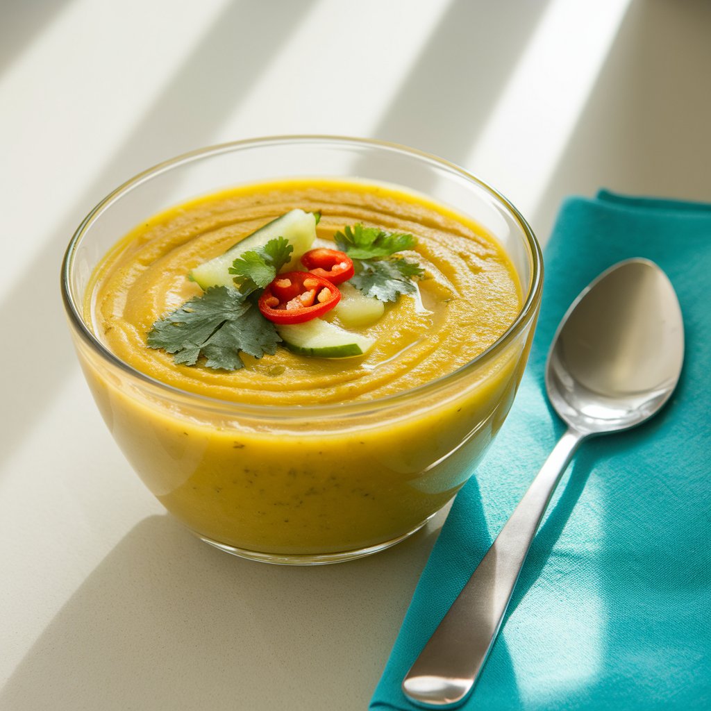 A photo of a bright yellow summer soup in a glass bowl. The soup is on a plain white kitchen countertop. There is a silver spoon and a turquoise napkin beside the bowl. The soup is garnished with finely chopped red chili, cucumber, and cilantro. The soup has a radiant, sunlit quality due to the natural light pouring in from behind.