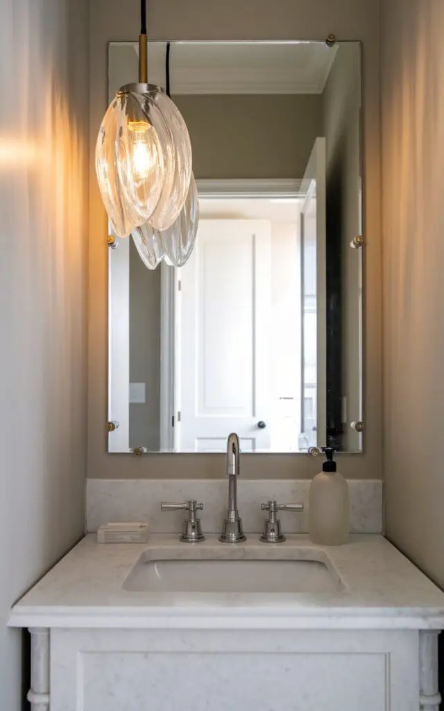 A photo of a small powder room with a high pendant light made of sculptural glass and brass. The light is hanging above the sink. The sink has a white marble vanity and a polished chrome modern faucet. There is a minimalist soap bottle in frosted glass next to the faucet. The walls are painted in a soft dove-gray color. A rectangular mirror with beveled edges is on the wall, reflecting the bright open white door in the background, which leads to an entryway. The warm light from the pendant light glows over the vanity, creating a sophisticated finish.