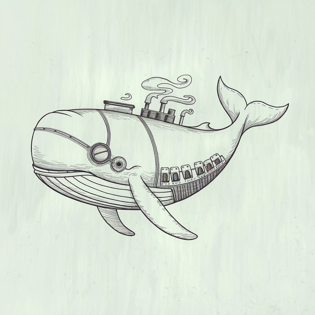 A minimalist, plain white background pencil drawing illustration of a whale adorned with steampunk-style elements. The whale is drawn in a simplistic style, with a sturdy, rounded form enhanced by subtle mechanical details like gears, pipes, and riveted plates sketched onto its body. A monocle rests over one eye, and steam vents are lightly illustrated near its dorsal fin. The tail and flippers are kept simple to maintain a clean look. The added textures create a bold contrast while staying true to the minimalist composition.
