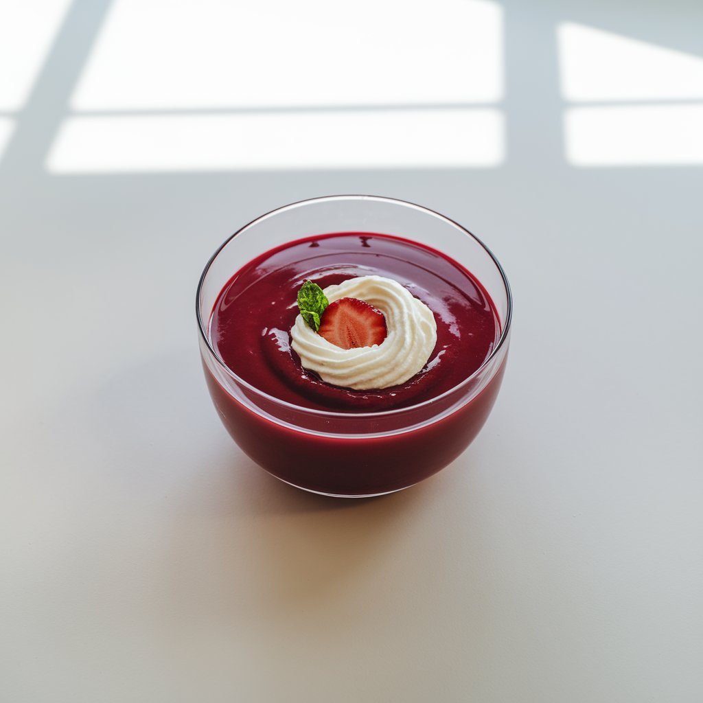 A glossy, deep ruby-red summer soup fills a minimalist, clear glass bowl set directly on a bright plain white kitchen countertop. A delicate swirl of thick mascarpone forms a graceful spiral on top, garnished with a small mint sprig and a halved strawberry. In the soft natural light from above, the soup glistens, creating a dessert-like elegance with vibrant, sun-drenched shadows.