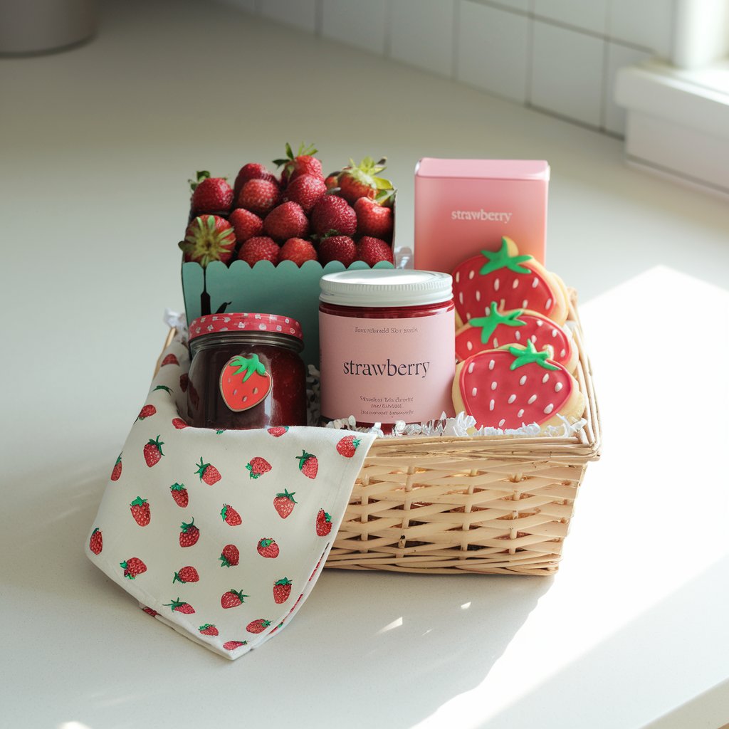 A photo of a vibrant and sweet strawberry-themed summer gift basket on a bright plain white kitchen countertop. The basket contains a bundle of freshly picked strawberries in a berry box, a strawberry-scented candle with the text "strawberry", strawberry-shaped cookies, and a plain jar of homemade strawberry preserves with no label. A cotton napkin with a delicate berry pattern is visible in one corner, and a strawberry-shaped enamel pin adds a touch of whimsy to the gift. The basket is illuminated by soft natural light.