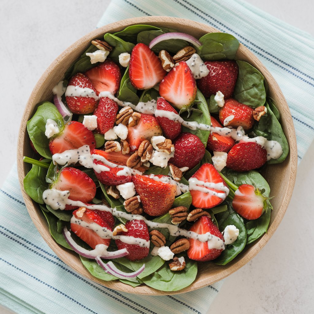 A photo of a vibrant, fresh spinach and strawberry salad in a round wooden bowl. The bowl is placed on a light blue and white striped cloth napkin over a white surface. The salad is made up of fresh, bright green baby spinach leaves and an abundance of halved and sliced strawberries, which are a deep red and look ripe and juicy. Mixed throughout the salad are crumbles of white feta cheese, small pieces of chopped pecans, and thinly sliced red onions, adding both texture and color contrast. The poppyseed dressing is lightly drizzled across the top in a zigzag pattern. Some of the feta crumbles and pecan pieces have naturally fallen to the bottom or the sides of the bowl, enhancing the casual, fresh-prepared look of the dish. The overall scene is bright, wholesome, and summery, highlighting the freshness and colorful appeal of the salad.