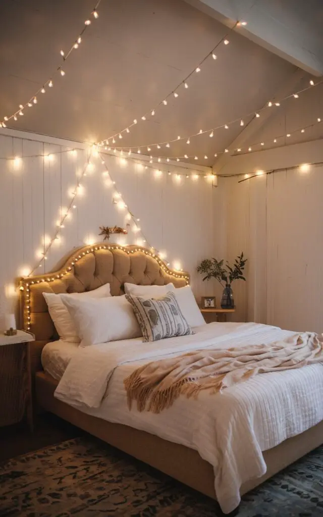 A magical summer bedroom softly illuminated by delicate string lights. The very cozy, neatly clean decorated five-star upholstered bed is topped with a white duvet and gauzy throw. The bed is flanked by glowing fairy lights strung above the headboard. The lights create a twinkling, golden glow that reflects off pale walls and enhances the room's dreamy ambiance.