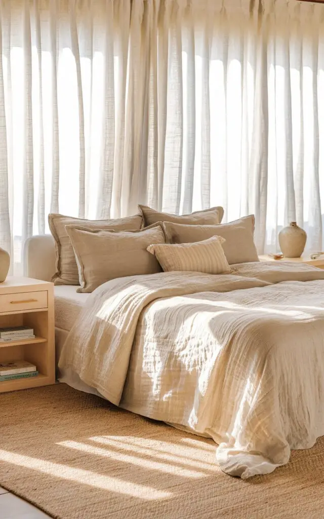A photo of a bright, airy summer bedroom bathed in natural sunlight. The centerpiece is a cozy, decorated 5-star bed draped in crinkled, light beige linen sheets with matching pillowcases. The bedding looks breathable and casually elegant, giving off a breezy coastal feel. A soft, woven jute rug lies underfoot, enhancing the earthy, natural aesthetic. The bed is framed by pale wooden nightstands with minimal decor—perhaps a small ceramic lamp and a stack of summer reads. Billowy white curtains filter in warm daylight, making the space feel fresh, cool, and inviting.