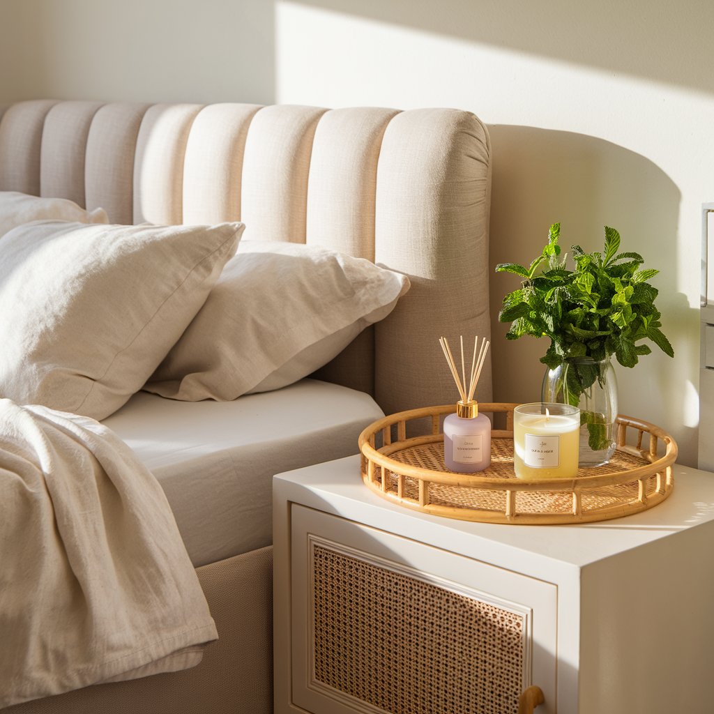 A summer bedroom with a calming scent station by the bed. The five-star upholstered bed is dressed in pale, breathable cotton sheets and a loosely draped white linen blanket. On a rattan tray atop the nightstand, a small diffuser emits gentle lavender and citrus aromas. Nearby, a vase of freshly picked mint and a lemon-scented candle complete the sensory corner. The room glows with golden morning light, reinforcing the spa-like summer serenity.