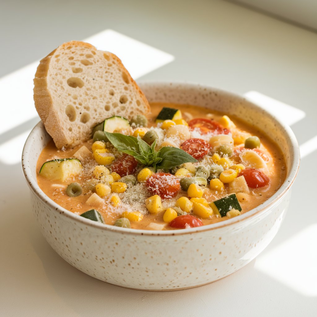 A photo of a vibrant, chunky creamy summer soup brimming with diced zucchini, cherry tomatoes, corn, green beans, and small pasta. The soup is in a white ceramic bowl with a slightly speckled finish. The bowl is centered on a bright plain white kitchen countertop. A sprinkling of fresh basil and grated Parmesan tops the soup. A crusty slice of bread leans gently against the rim. Natural light from the left side highlights the soup's colorful ingredients, casting delicate shadows and creating a warm, inviting summer feel.