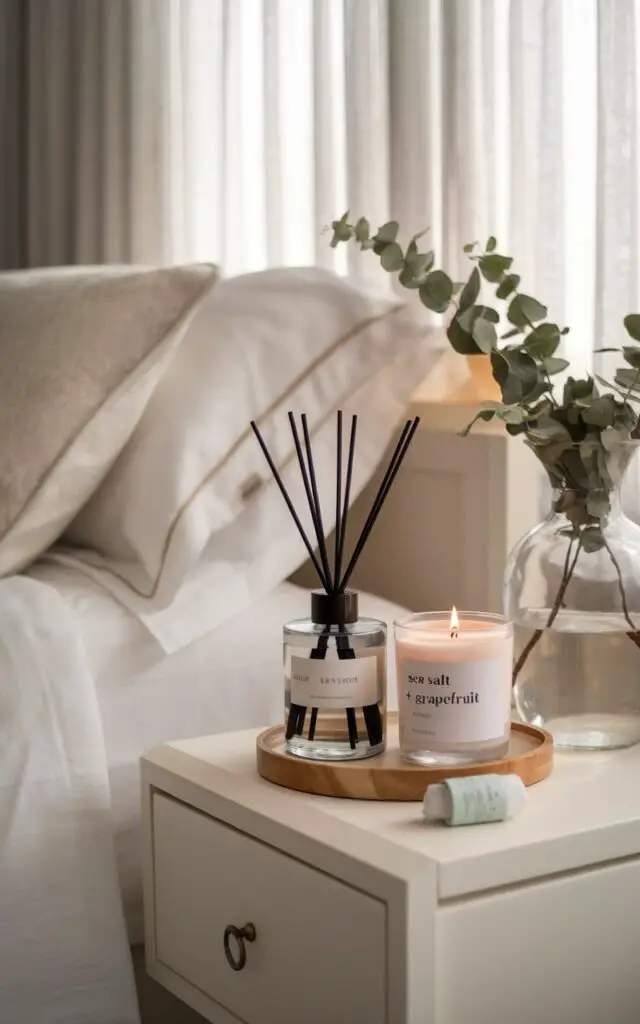 A photo of a softly lit summer bedroom with a cozy 5-star bed layered with fresh white linens and light beige accents. There is a nightstand nearby with an elegant reed diffuser, a summer candle labeled "Sea Salt + Grapefruit," and a small linen spray bottle. A clear glass vase with eucalyptus stems adds a natural touch, complementing the clean, spa-like aroma. Light filters through sheer curtains, creating a tranquil environment that looks and smells like summer bliss.