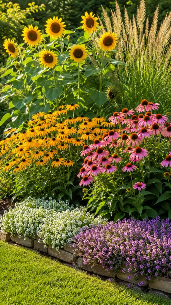 Sunny garden bloom with sunflowers
