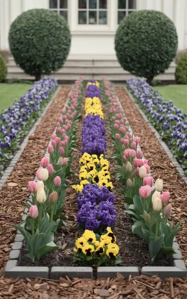 A photo of a formal, symmetrical flower bed in front of a house. Twin boxwoods flank the flower bed, with rows of tulips, hyacinths, and pansies arranged in even spacing across the center line. The mulch is evenly spread, and the edges are cut into a sharp, geometric outline. The flower bed is in perfect harmony with the classical architecture of the house.