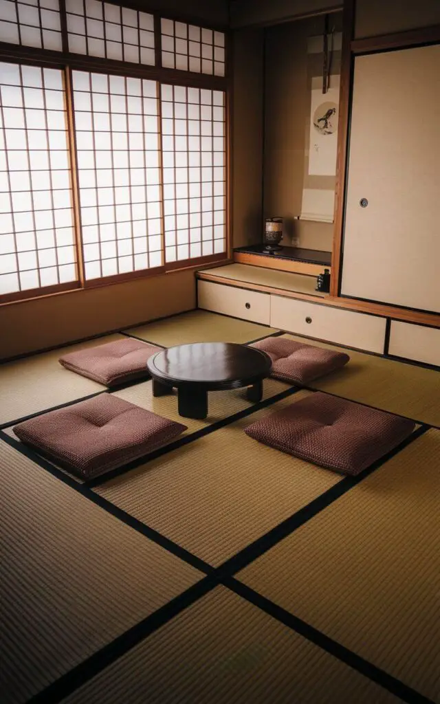 A minimalist Japanese living room with a tightly woven tatami mat floor, creating a natural grid that defines the space. In the center is a small, circular chabudai table, flanked by woven zabuton cushions. Along one wall, a Japanese low platform sofa has a fabric in a soft taupe hue that matches the earthy tones of the tatami. Shoji screens allow filtered light to enter, giving the entire room a soft, golden hue. There is no clutter, only intentional objects: a single scroll painting and a ceramic incense holder. The overall aesthetic is deeply calming, rooted in texture and traditional form.