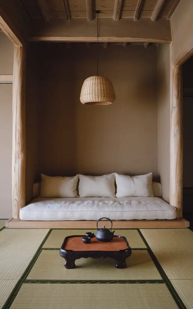 A minimalist Japanese living room with hand-finished clay walls in a muted sand tone. The room features a low platform sofa in ivory linen and a chabudai table with a blackened teapot and two cups. Tatami mats cover the floor, and a single woven pendant lamp hangs above. The space is purposefully restrained, with earthy, textural, and softly sophisticated elements.