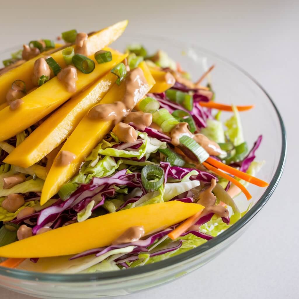 A close-up image of a vibrant summer salad. The salad is a mixture of bright yellow mango strips, thinly shredded purple and green cabbage, and orange carrot ribbons. The salad is tossed together with chopped scallions and a glossy peanut-lime dressing. The salad is served in a clear glass bowl on a plain white kitchen countertop. The natural light enhances the rainbow of colors, giving the dish a fresh, crisp look. However, the thinly sliced mangoes appear slightly overused, making the salad feel a bit overloaded.
