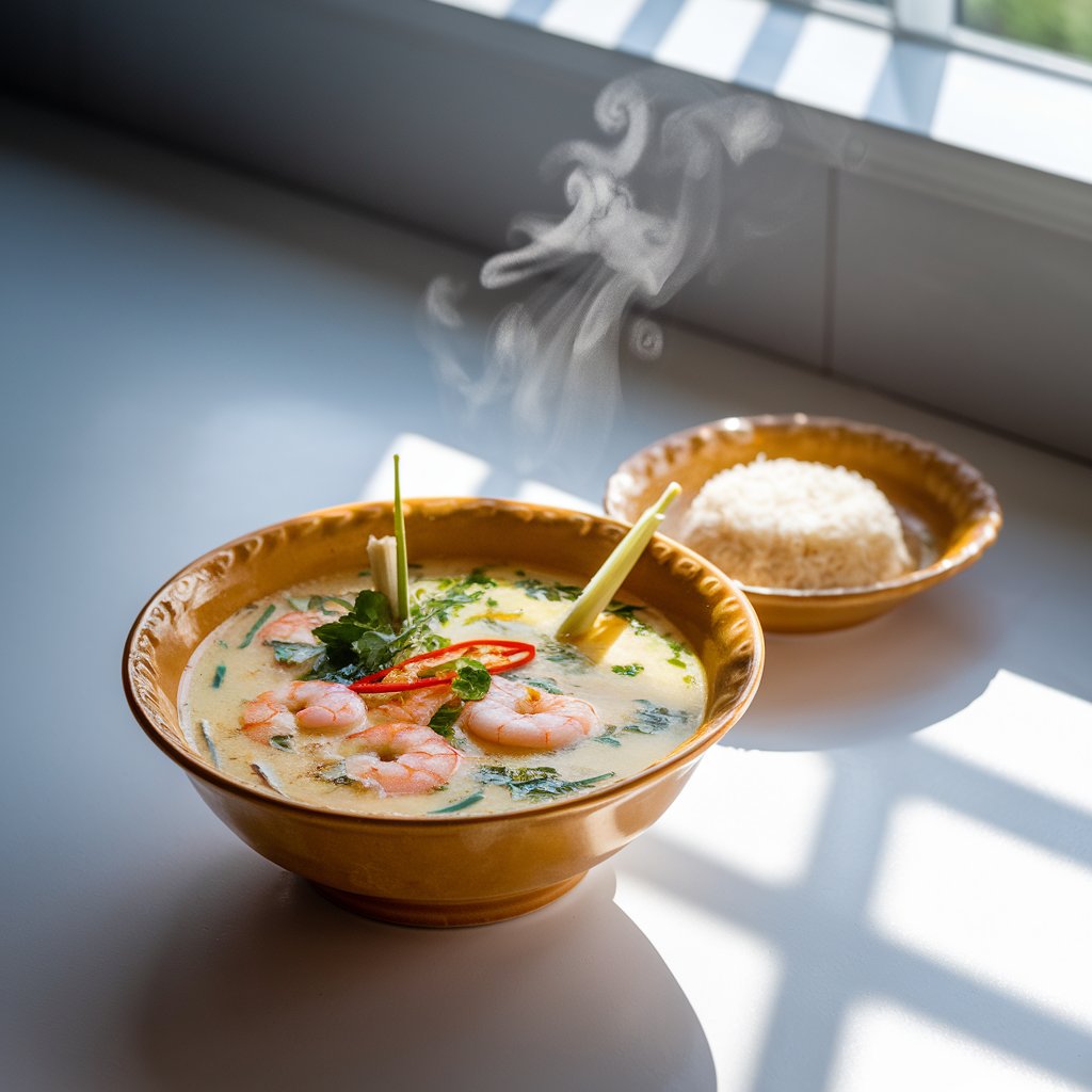 A photo of a golden summer creamy soup filled with delicate cooked soft pink shrimp, thin slices of red chili, lemongrass stalks, and fresh herbs. The soup sits in a glossy porcelain bowl on a bright plain white kitchen countertop. A small pile of jasmine rice sits in a matching side dish. Kaffir lime leaves float gracefully atop the broth. The steam is just barely visible, curling into the light. Natural light from a high window streams down diagonally, creating a peaceful warmth and highlighting the soup's translucent broth.
