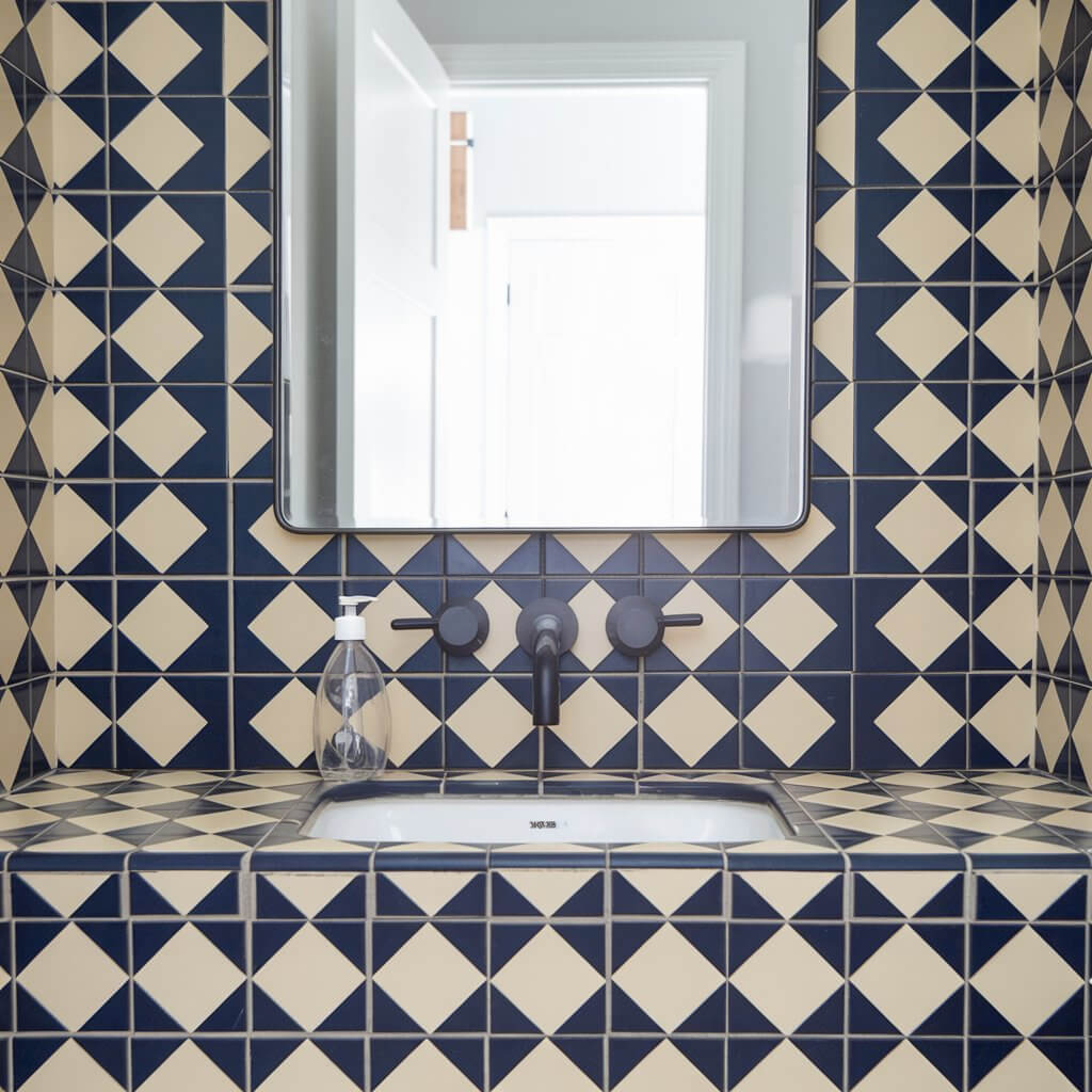 A photo of a small powder room with a bold geometric tile pattern in shades of navy and cream. The tiles frame the vanity wall, which features a simple white sink and a sleek modern faucet in matte black. A minimalist clear soap bottle is placed beside the faucet. Above the sink, a large rectangular mirror reflects the bright open white door in the background, revealing an entryway. The tile pattern serves as a visual centerpiece, adding a punch of personality to the space while also providing structural support.