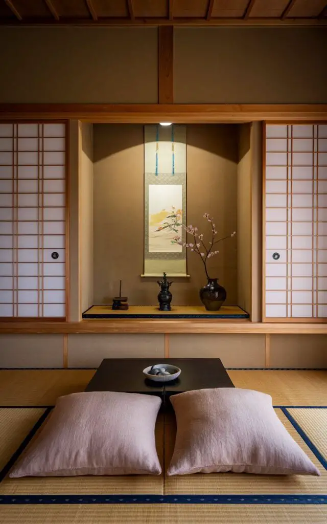 A serene Japanese living room with a tokonoma alcove recessed into a smooth clay wall. The alcove is softly lit from above and contains a hand-painted scroll and a ceramic vase with a seasonal branch. The room features a Japanese low platform sofa in warm stone-gray linen and a chabudai table with a bowl of river stones. The room has a minimalist design with natural wood flooring and shoji screens that diffuse golden light. The tokonoma is the focal point of the room, drawing the eye and creating a contemplative atmosphere rooted in tradition.