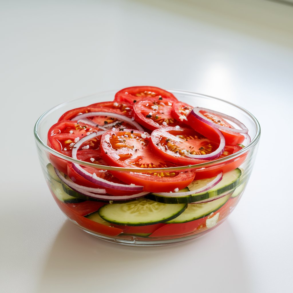A photo of a clear glass bowl filled with a tomato-cucumber salad. The salad is made of thick slices of ripe red tomatoes and crunchy cucumbers, layered with thinly sliced red onions. The salad is sprinkled with sea salt and cracked pepper. A splash of red wine vinegar and olive oil is added to the salad. The bowl is placed on a bright plain white kitchen countertop. The natural light enhances the vibrant red and green tones and highlights the moisture clinging to the fresh-cut vegetables.
