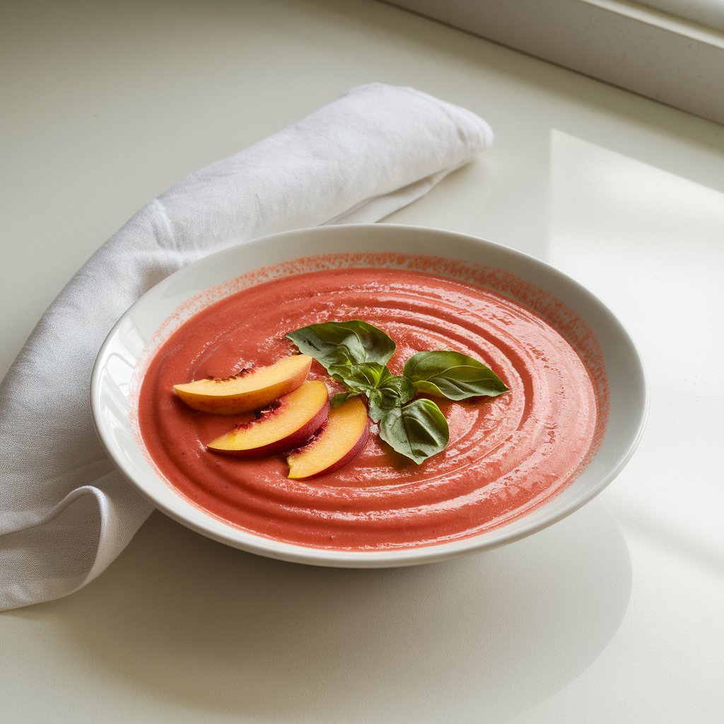 A photo of a rich coral-colored summer soup with a satiny finish. The soup is in a modern white soup plate on a bright plain white kitchen countertop. The soup is topped with thin peach slices and torn basil leaves. A white linen napkin is placed beside the plate. The soup has a subtle sheen on its surface, and its vibrant color is enhanced by the natural light coming in from the back.