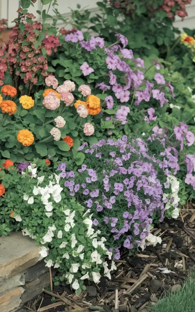 A photo of a lush flower bed in front of a house. The flower bed is filled with creeping Jenny, sweet alyssum, marigolds, and impatiens. The plants are trailing over a stone border. The soil is dark and well-mulched. The overall image has a whimsical and abundant feel.