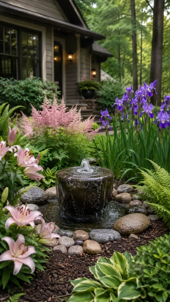 Tranquil garden with stone fountain