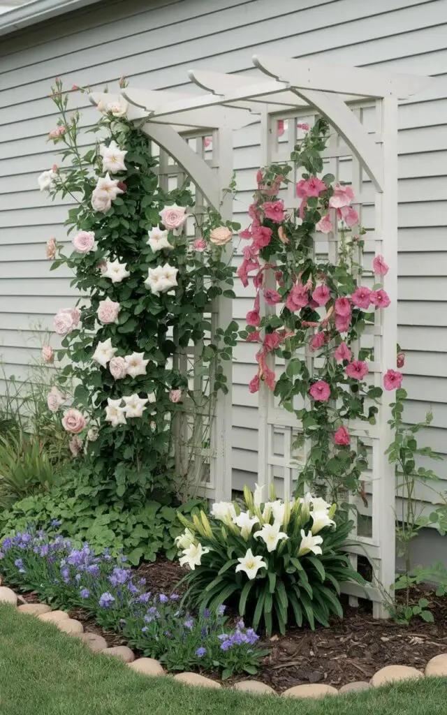 A photo of a flower bed with a wooden trellis in front of a house. The trellis is painted white and supports climbing roses and morning glories in full bloom. The flower bed is filled with lilies and violets. The ground is covered with mulch, and the edge of the flower bed is outlined with decorative stones.