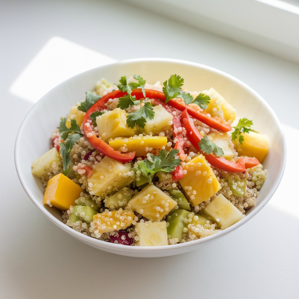 A vibrant summer salad made of fluffy quinoa, golden pineapple chunks, orange mango cubes, red bell pepper strips, and tiny square chopped cilantro. The salad is coated in a light coconut-lime dressing. The salad is presented in a modern white bowl with a wide rim, placed on a bright plain white kitchen countertop. Natural light filters in from above, catching the slight shine of the dressing and enhancing the tropical tones of yellow and green.
