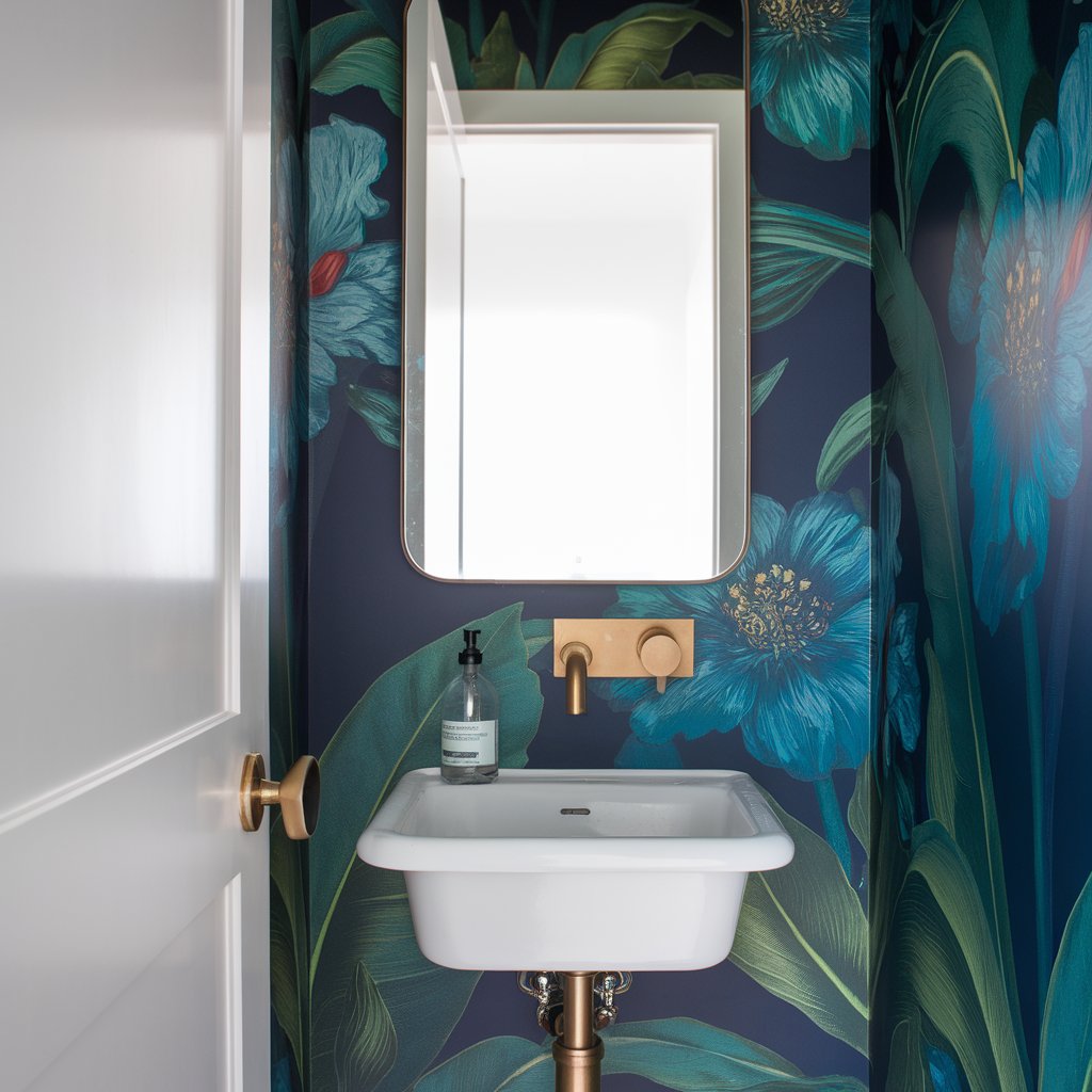 A photo of a small powder room with a lush botanical wallpaper in vivid greens and deep blues. The wallpaper has large, detailed flowers and leaves. The room has a crisp white sink with a modern faucet in brushed gold. There's a clear soap bottle with a gold lid. A slender, subtly rounded mirror hangs on the wall. The background contains an open white door, leading to an entryway. The contrast between the natural imagery and minimalist fixtures creates an energetic, fresh space that feels like an escape from the everyday.