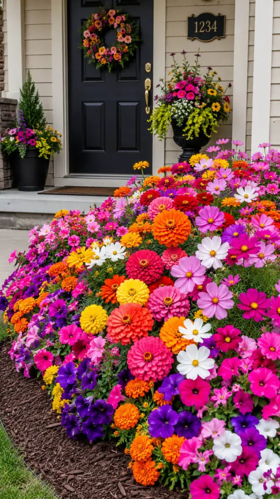 Vibrant front porch with blooming flowers