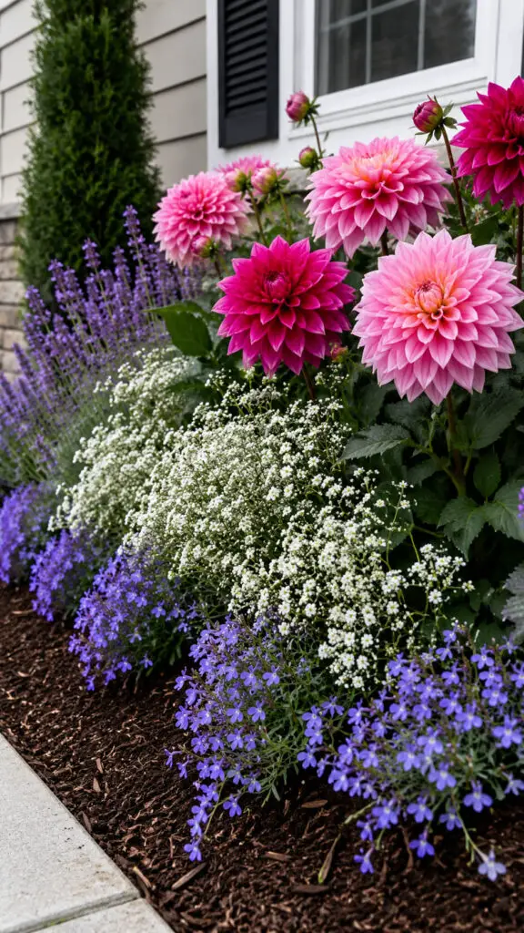 Vibrant garden blooms by the house