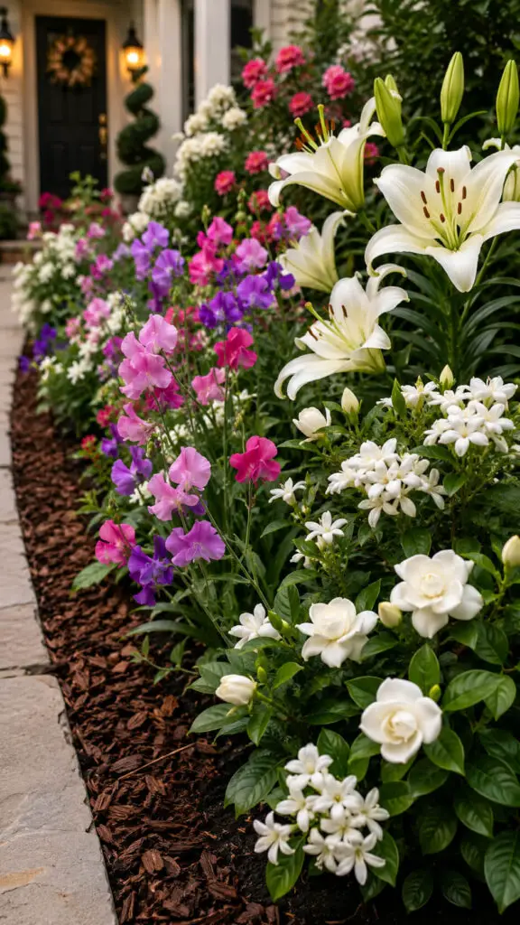 Vibrant garden near a welcoming porch