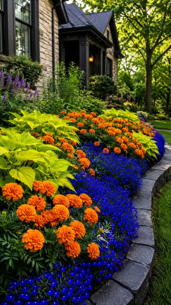 Vibrant garden with marigolds and blue flowers