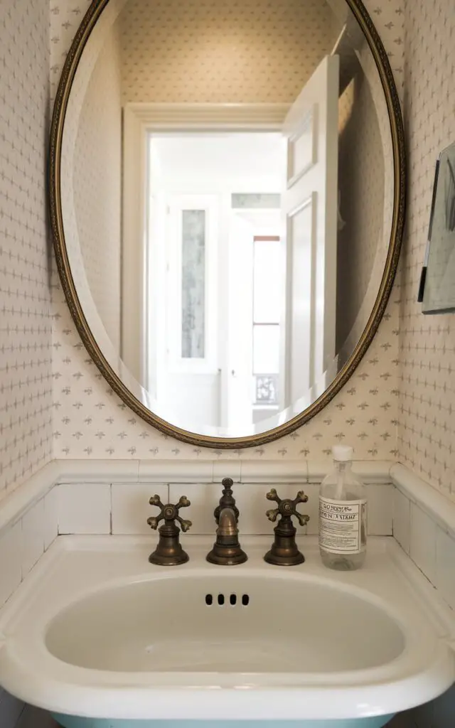 A photo of a small powder room with vintage-style fixtures. The room has a vintage faucet with handles shaped like a cross in aged brass and a porcelain basin with scalloped edges. There is a clear soap bottle with retro-style text sitting to the side. The walls have a subtle wallpaper pattern that nods to classic design. An oval mirror with an antique gold frame reflects the bright open white door in the background, which leads to an entryway. The room combines old-world charm with minimalist restraint, creating an inviting mix of eras.