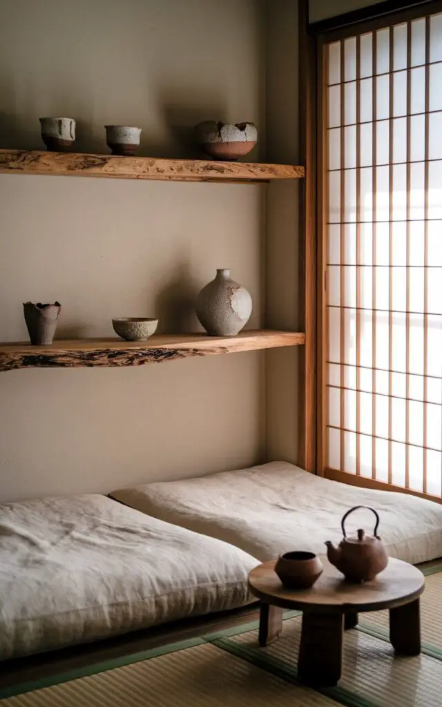A minimalist Japanese living room with a weathered wooden shelf displaying wabi-sabi pottery: cups with uneven lips, a raku-fired bowl with crackled glaze, and a vase with intentional asymmetry. The backdrop is a pale clay wall beside a low Japanese platform sofa, whose natural linen complements the earthy tones of the pottery. A nearby chabudai table holds a handmade tea set, each piece perfectly imperfect. Shoji screens diffuse morning light, casting soft shadows across the room.