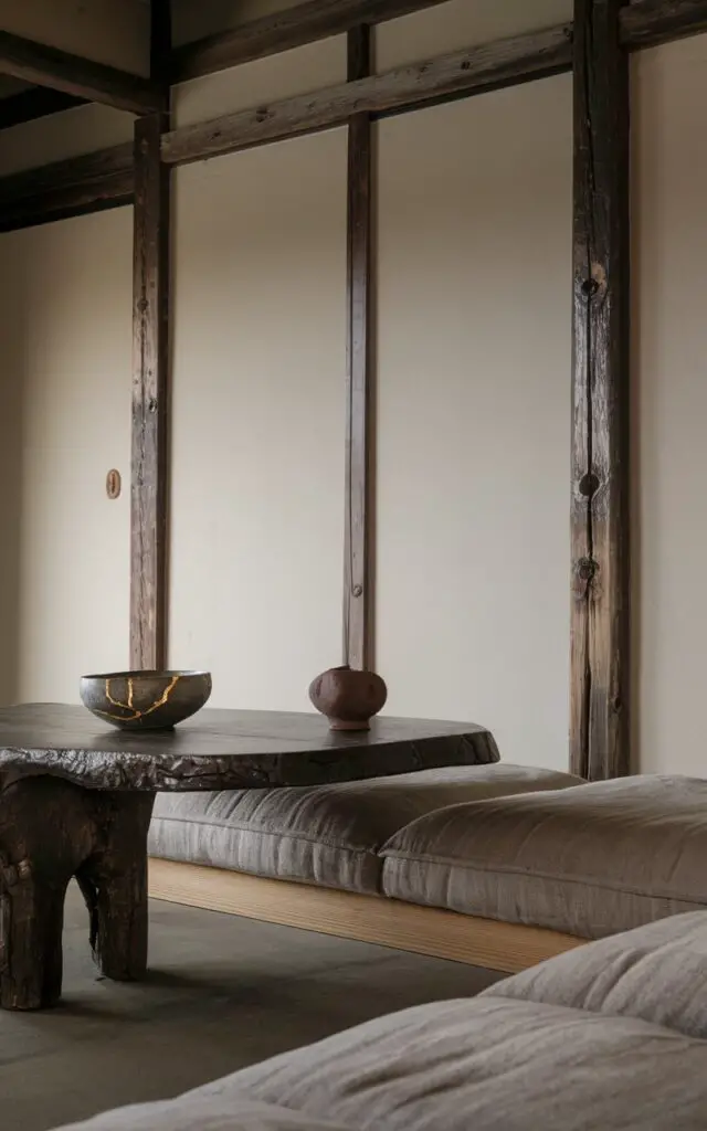 A photo of a Japanese living room with wabi-sabi elements. There's a rough-edged chabudai table with a hand-formed clay teacup on it. A low platform sofa is upholstered in weathered linen. There's a ceramic bowl with gold-highlighted cracks on the table. The room has uneven wood beams with natural knots and bends. The overall room is minimalist but soulful, lived-in, cherished, and authentic.