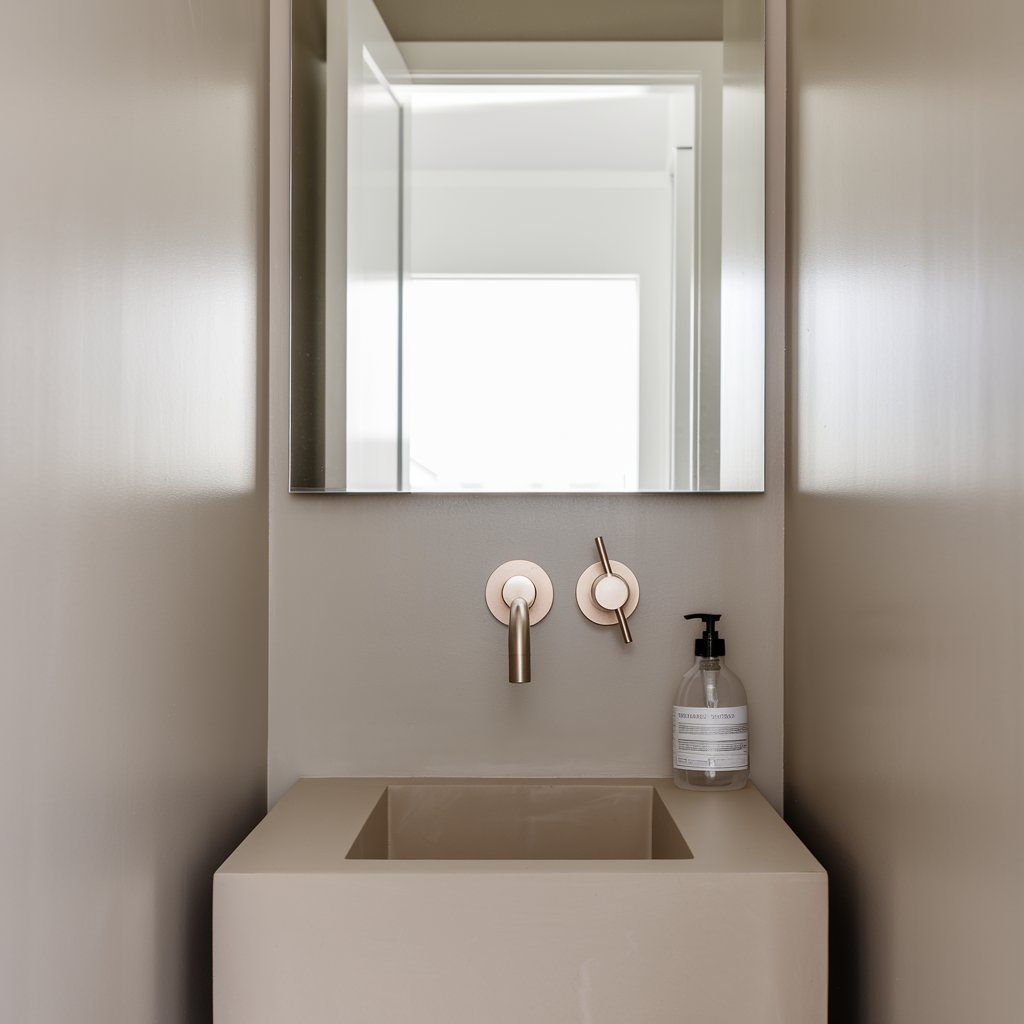 A photo of a tiny powder room with a wall-mounted modern faucet in brushed nickel. The faucet is above a minimalist square sink, with a clear soap bottle tucked to one side. The compact vanity is against a soft taupe wall, and above, a slim mirror reflects the bright open white door on the background, which shows an entryway. The petite faucet maximizes function while contributing to the room's overall minimalist elegance.