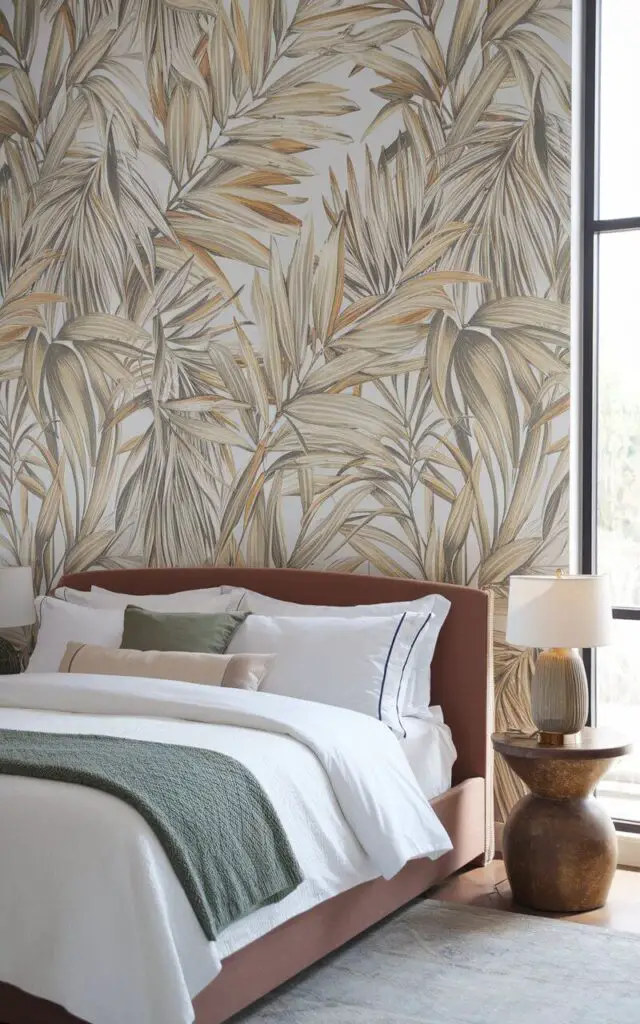 A photo of a summer bedroom with a bold removable wallpaper accent wall. The wallpaper has a soft palm or tropical floral pattern. The bedroom features a five-star upholstered bed layered in white cotton bedding with subtle green and tan accents. There's a small side table with a warm wood finish holding a lamp. The room is filled with light from a large window, making the print feel vibrant and fresh.