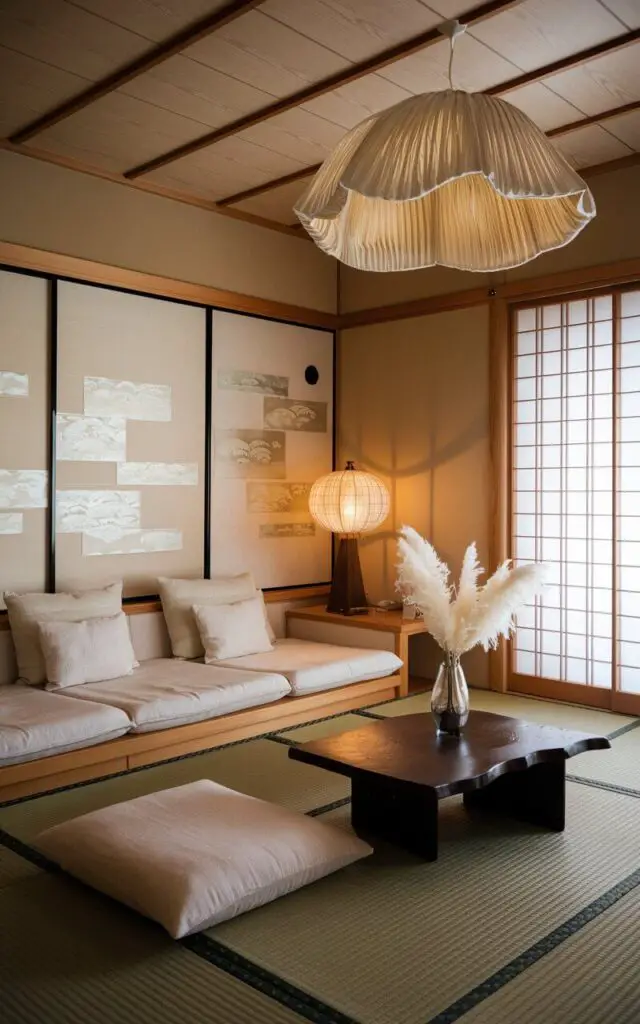 A soft, luminous Japanese living room with washi paper incorporated in subtle ways. Panels of washi line a low storage cabinet behind a Japanese low platform sofa, creating a gentle contrast with its clean, beige upholstery. Washi-covered wall art and lamp shades offer a layered glow. A dark wood chabudai table sits nearby, its surface clear except for a single vase of pampas grass. The washi elements bring texture and diffused light into this otherwise minimalist space, offering depth and softness without visual clutter.