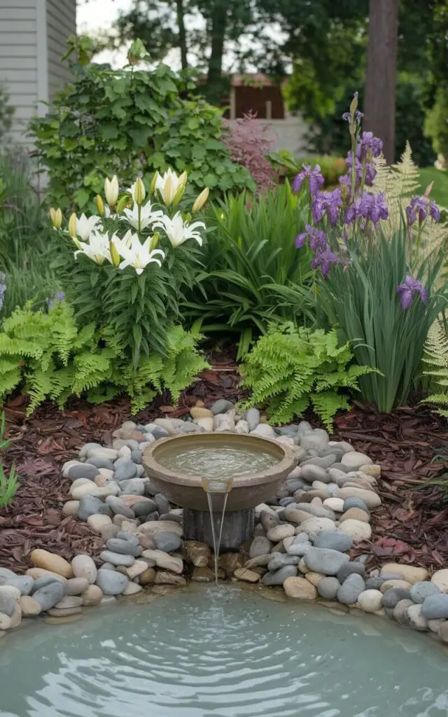 A photo of a serene flower bed in front of a house. The flower bed has a small, bubbling fountain in the center, surrounded by lilies, ferns, astilbe, and irises. The fountain is surrounded by river stones and mulch. The water from the fountain trickles into a shallow pool. The background contains a house and trees. The overall scene has a spa-like tranquility.