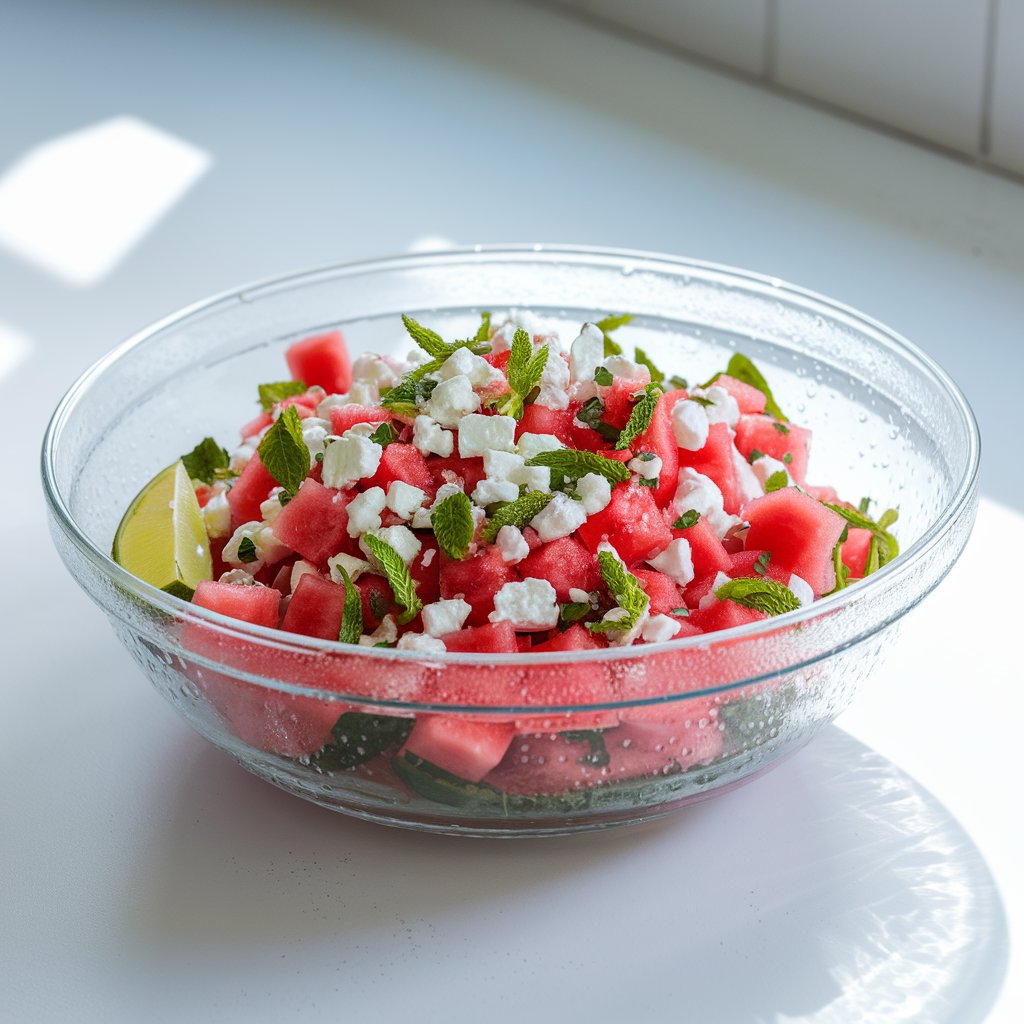A photo of a summer salad in a wide glass bowl on a bright white kitchen countertop. The salad is filled with bright pink watermelon cubes, crumbles of white feta cheese, and scattered chopped fresh mint leaves. The bowl has delicate condensation beads on it, hinting at the chilled, just-prepped dish. The vivid contrast of colors and the fresh texture of the watermelon are highlighted by the natural light. A small lime wedge sits to the side, suggesting a citrusy kick.