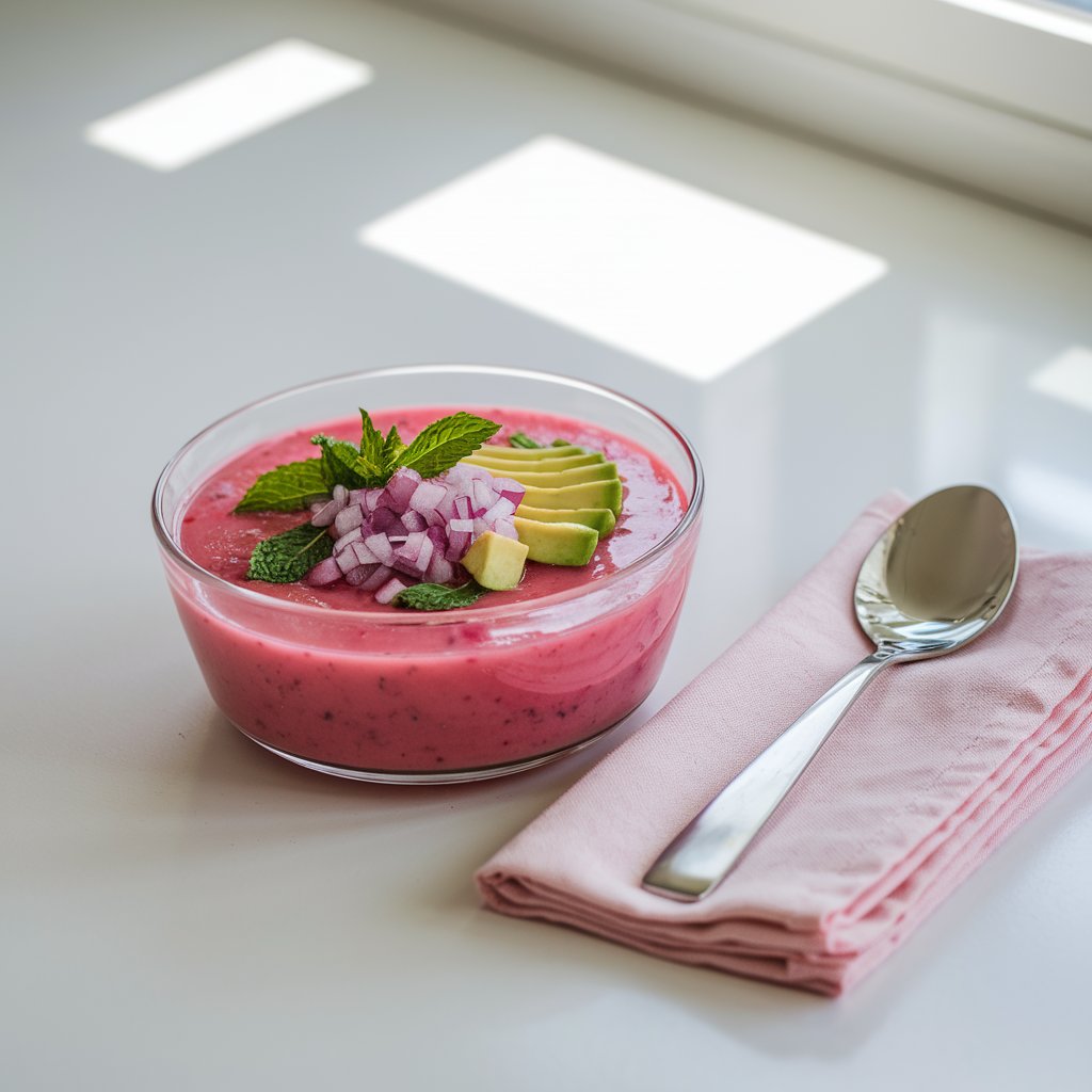 A photo of a vibrant pink-red summer soup in a clear glass bowl on a bright plain white kitchen countertop. The soup is garnished with finely diced avocado, red onion, and fresh mint leaves, which contrast beautifully against the soup. A folded pale pink napkin sits nearby with a modern stainless-steel spoon. Natural light pours in from behind, creating a soft back-glow that enhances the soup's translucence and vibrant summer colors.