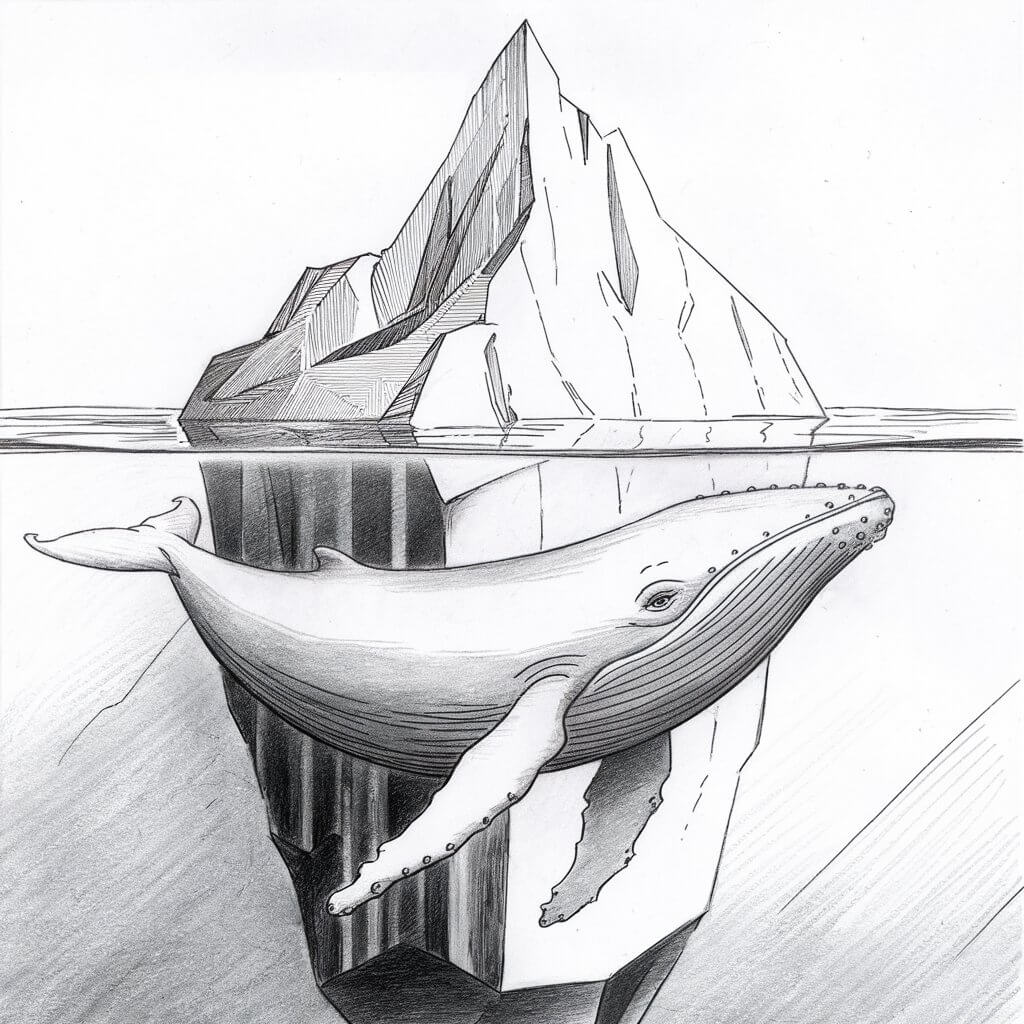 A pencil drawing illustration of a large whale gliding quietly beneath an iceberg's pointed tip. The whale is drawn in a simplistic style with clean, graceful lines shaping its full body. Above it, the iceberg's sharp surface juts out from the water in angular, jagged strokes, while the massive submerged portion is subtly outlined to show scale. Light shading below the waterline gives depth, highlighting the stark contrast between the visible and hidden. The whale's eye is small and tranquil, adding to the still, introspective mood of the piece.